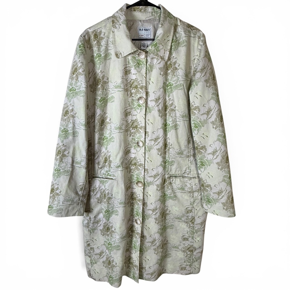 Y2K 2005 Old Navy Jacquard Floral Coat Green Lined Womens XXL Cotton Soft Trench